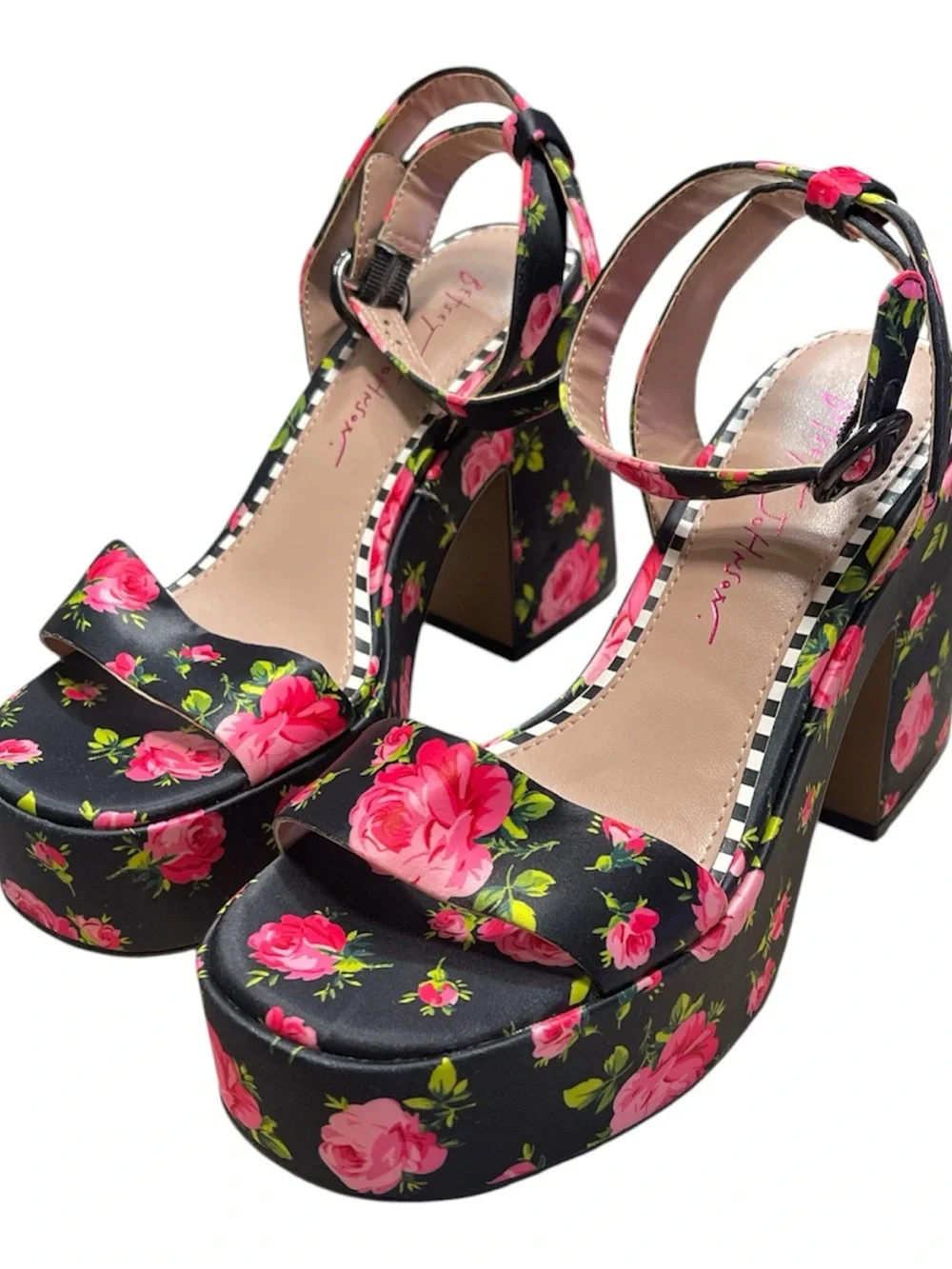 Floral Platform Block Heel Sandals - Black/Pink